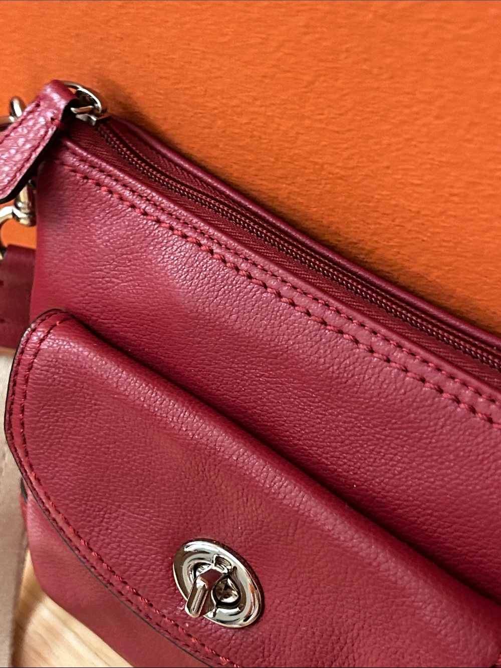 Coach Small Pebbled Leather Crossbody in Burgundy with Canvas Strap - Picture 11 of 11